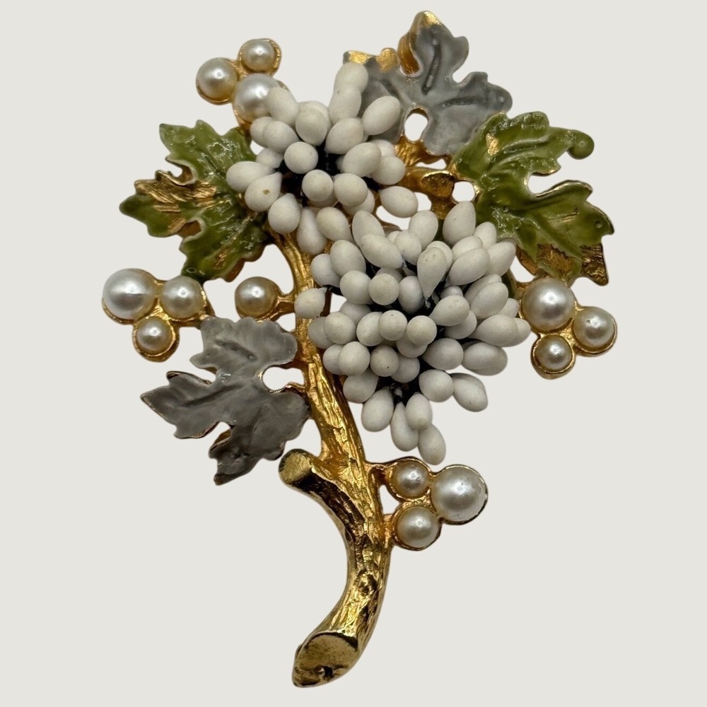Vintage Florenza Enamel Faux Pearl Grape Cluster Brooch Pin